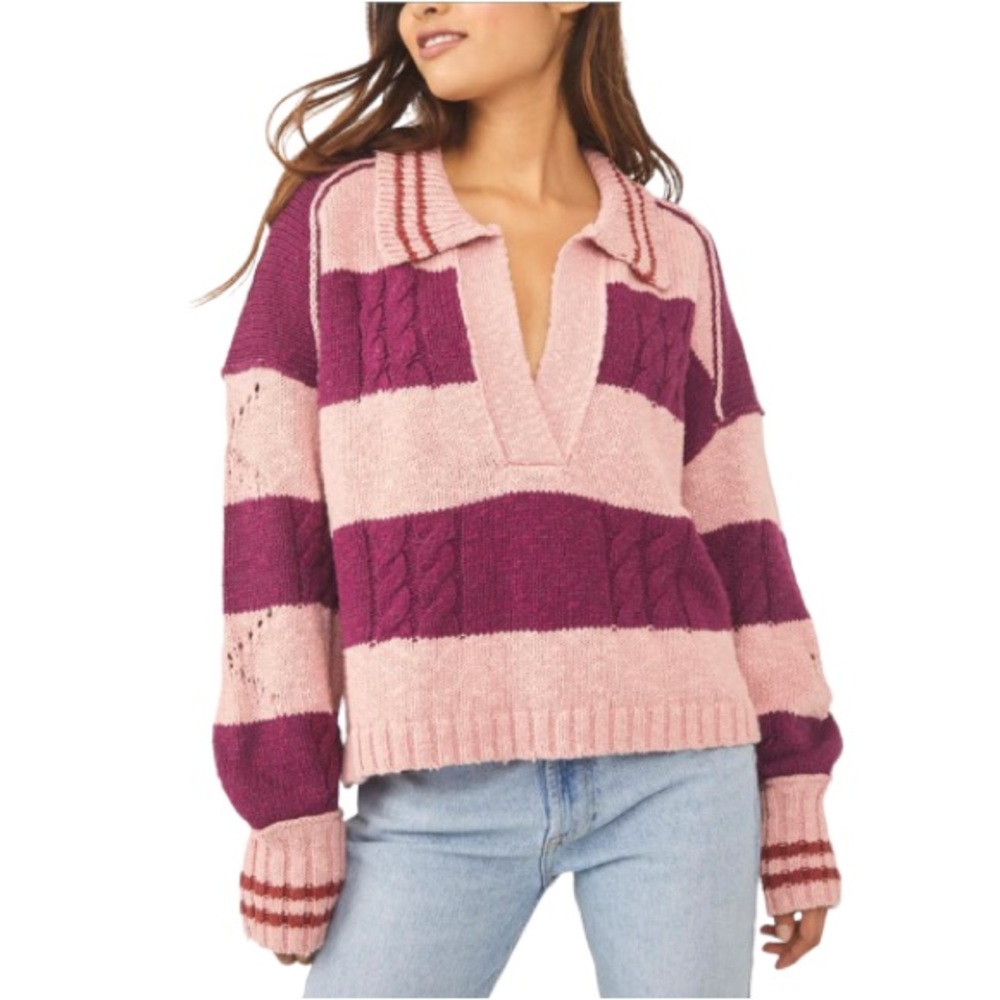 Free People Moody Pink Combo Pembrook Oversized Sweater